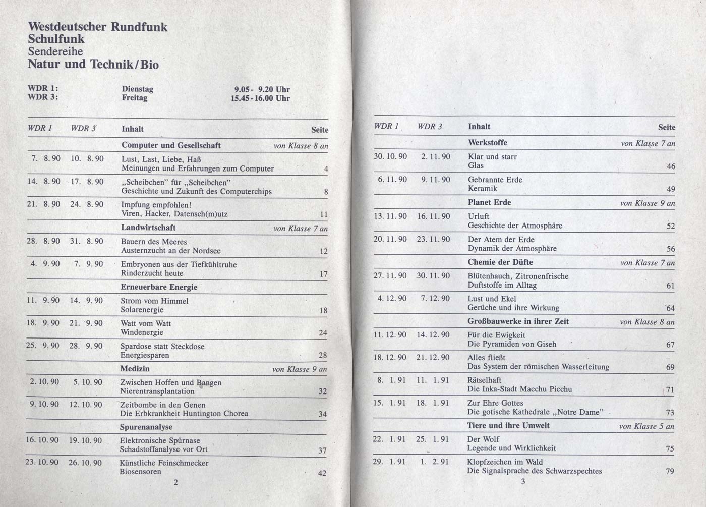Programmschema Schulfunk WDR 1990